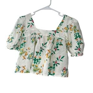 The animals observatory girls white floral Puff Sleeve crop Top linen blend 12